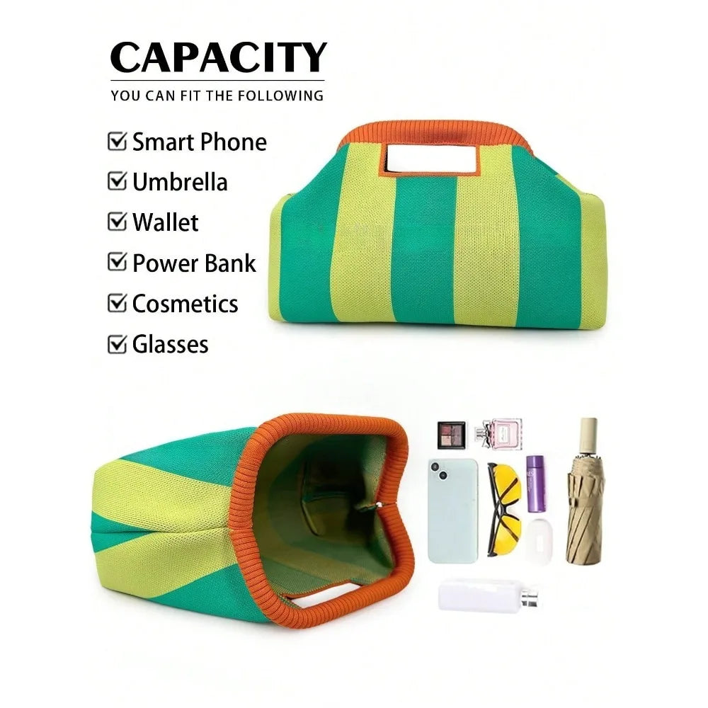 Striped knit handbag capacity: fits a phone, umbrella, wallet, power bank, cosmetics and glasses