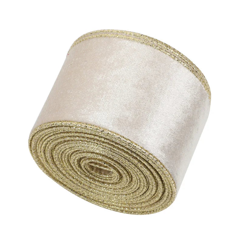Roll of ivory Christmas ribbon with gold edge, 2.48 inches wide