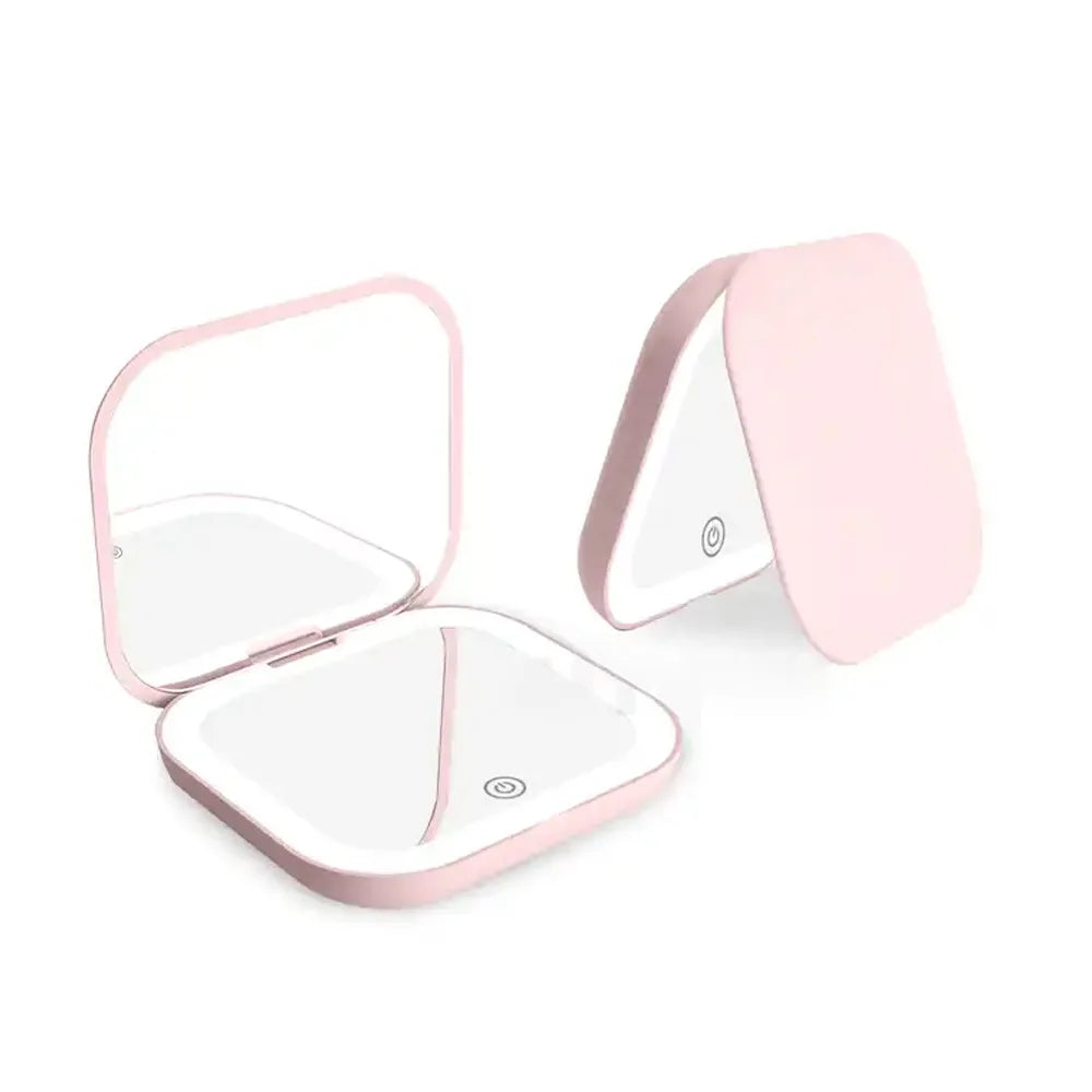 LED compact mirror open and closed, showing the slim folding design