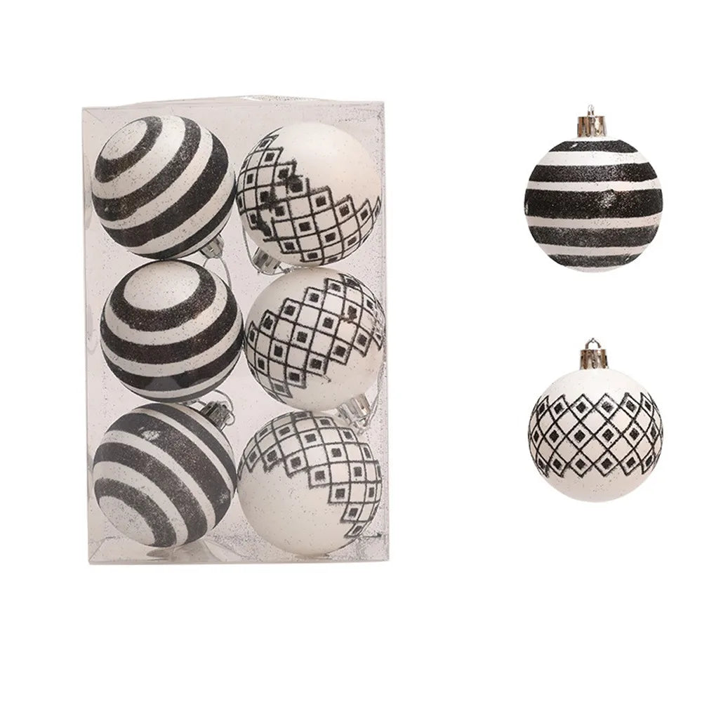 Stripe and Diamond set of 6 black and white glitter Christmas ornaments in a clear box, 2.4 inch