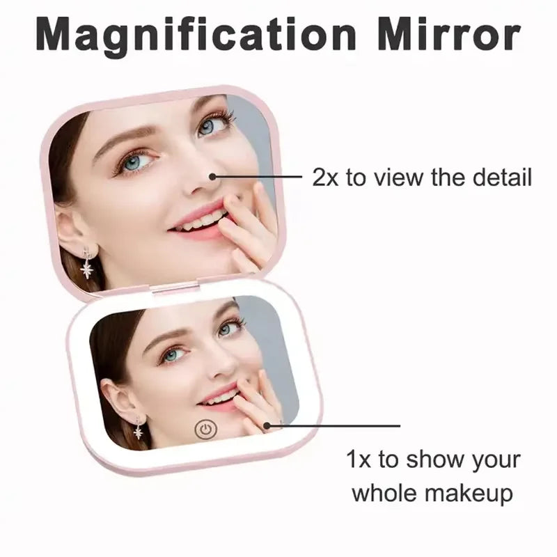 LED compact mirror with 2X magnification for detail and 1X side for full makeup view