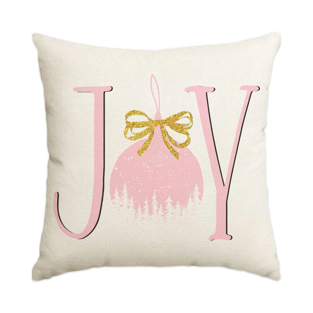 Joy ornament pillow cover with gold bow, 18x18 in
