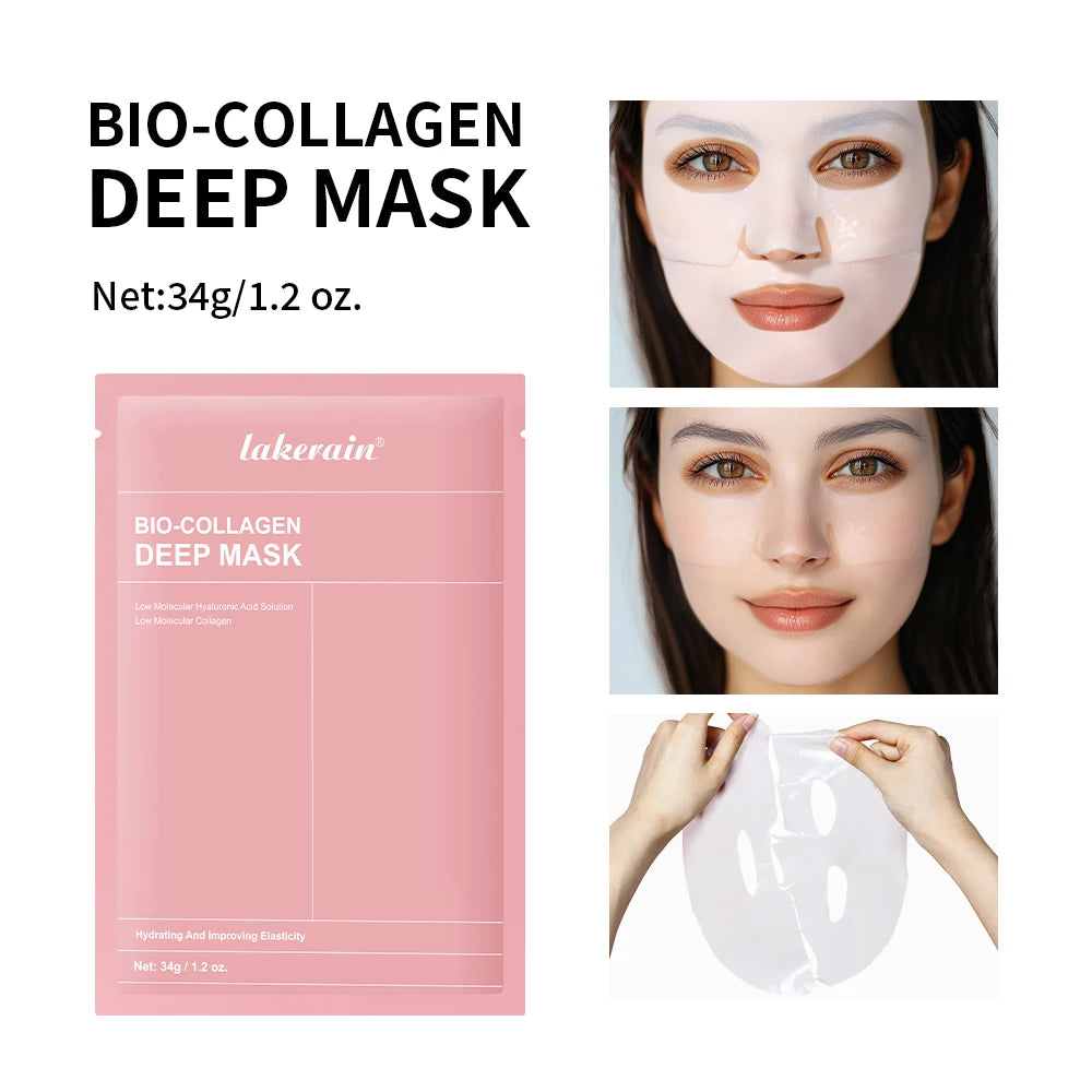 Bio-Collagen Deep Mask sheet mask packet and how it looks when worn