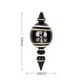 Snowflake finial Christmas ornament, 9.5 inches tall by 4 inches wide, glossy black with a white snowflake and gold glitter bands