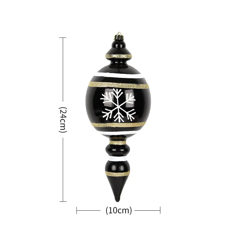 Snowflake finial Christmas ornament, 9.5 inches tall by 4 inches wide, glossy black with a white snowflake and gold glitter bands