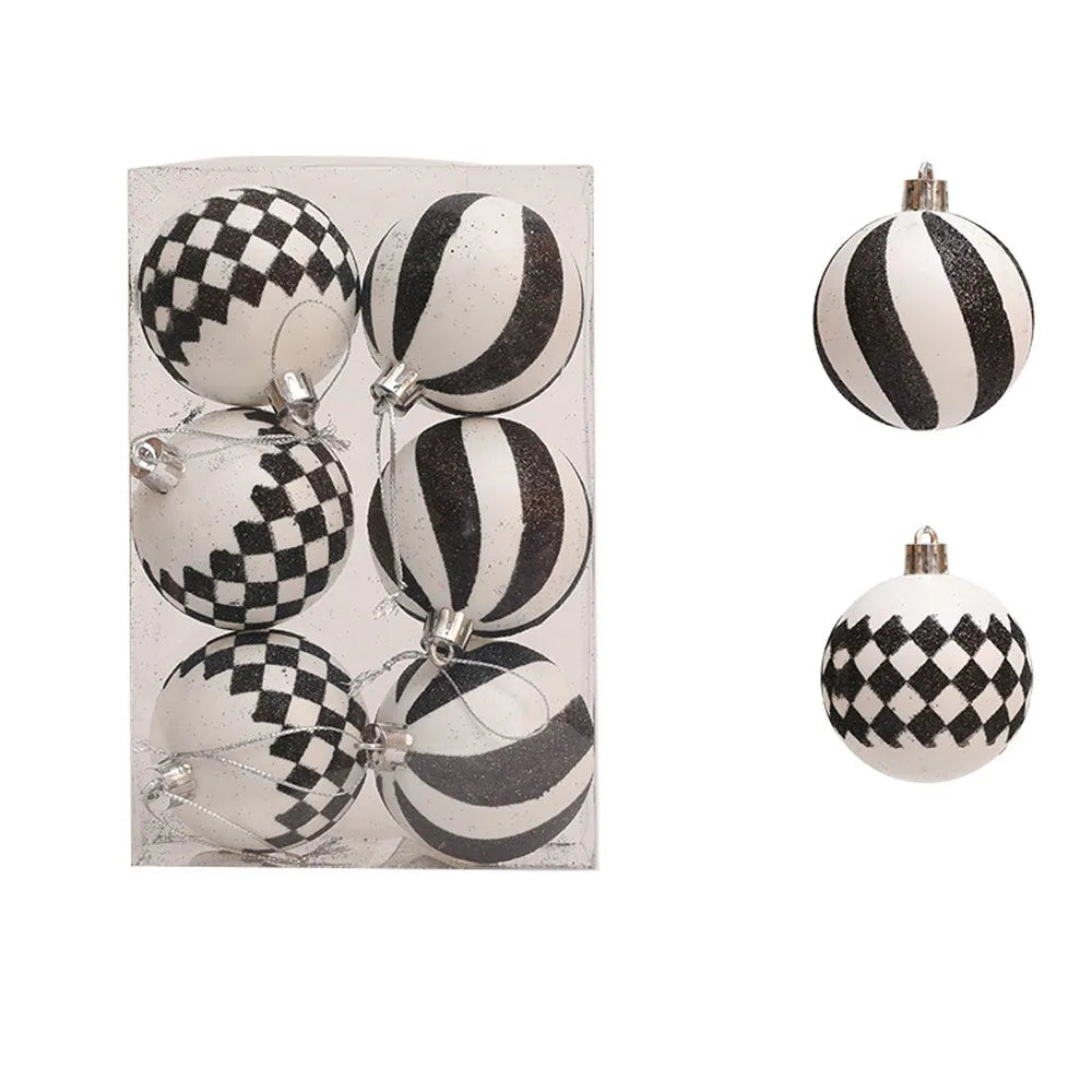 Harlequin and Swirl set of 6 black and white glitter Christmas ornaments in a clear box, 2.4 inch