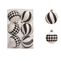 Harlequin and Swirl set of 6 black and white glitter Christmas ornaments in a clear box, 2.4 inch