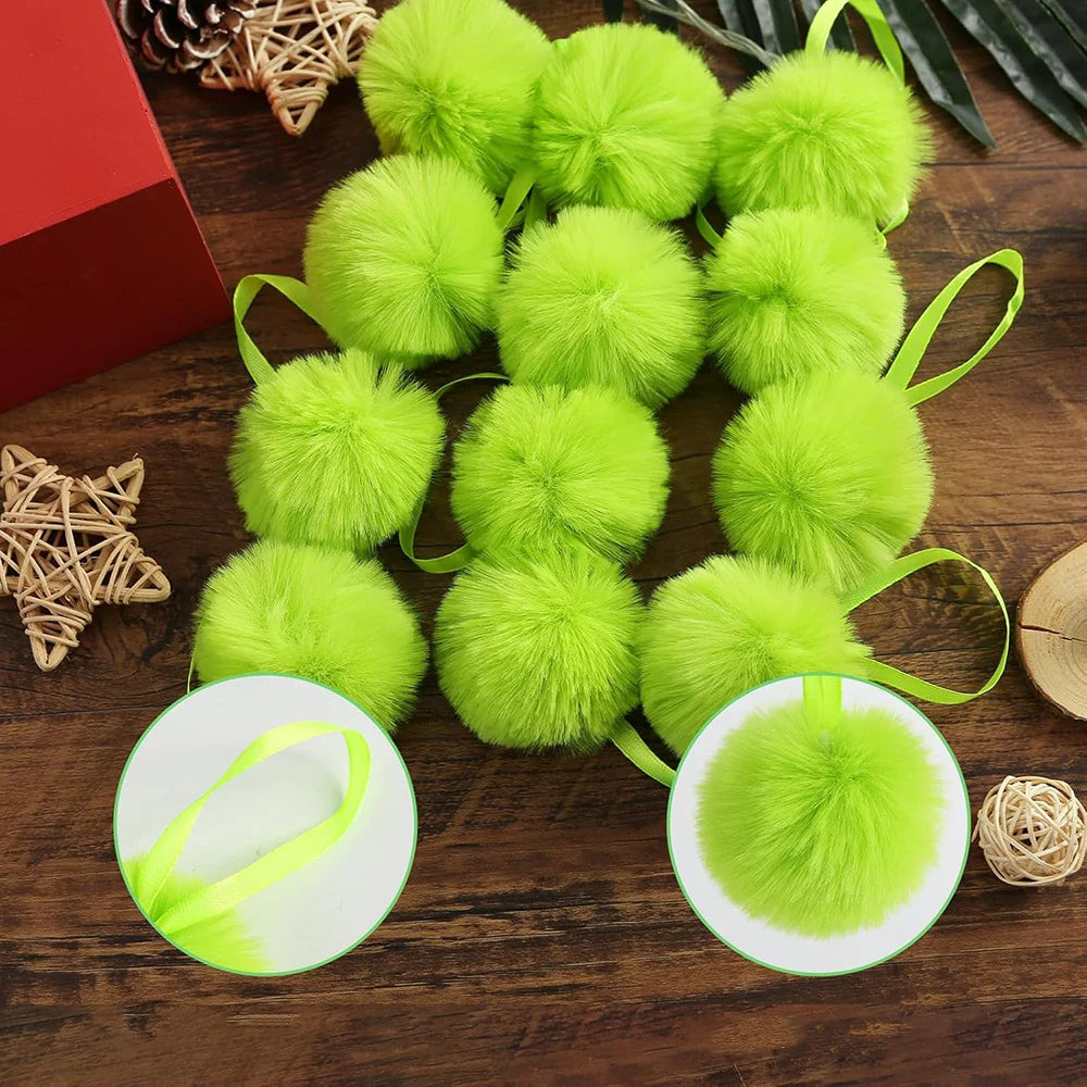 Lime green faux fur pom-pom Christmas ornaments with matching ribbon hanging loops