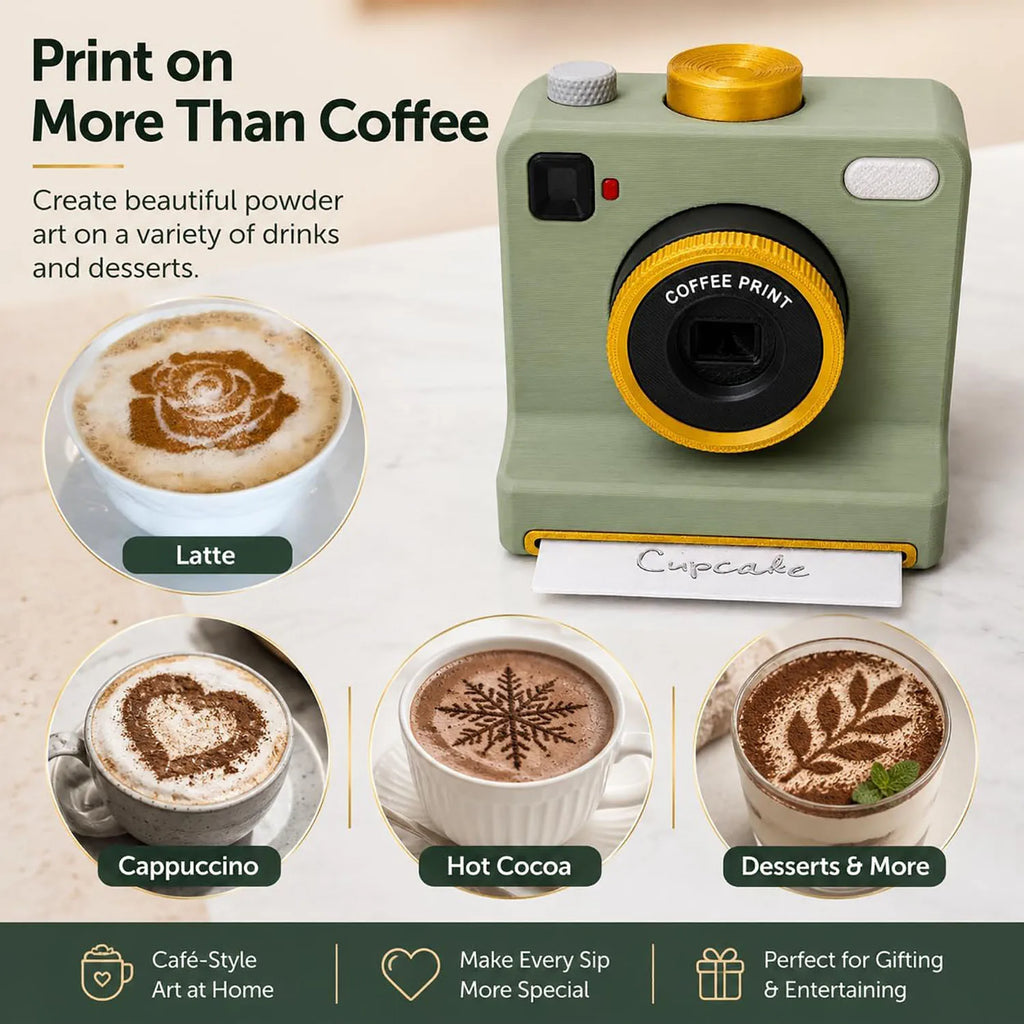 Latte art stencil camera making cocoa designs on latte, cappuccino, hot cocoa, and desserts