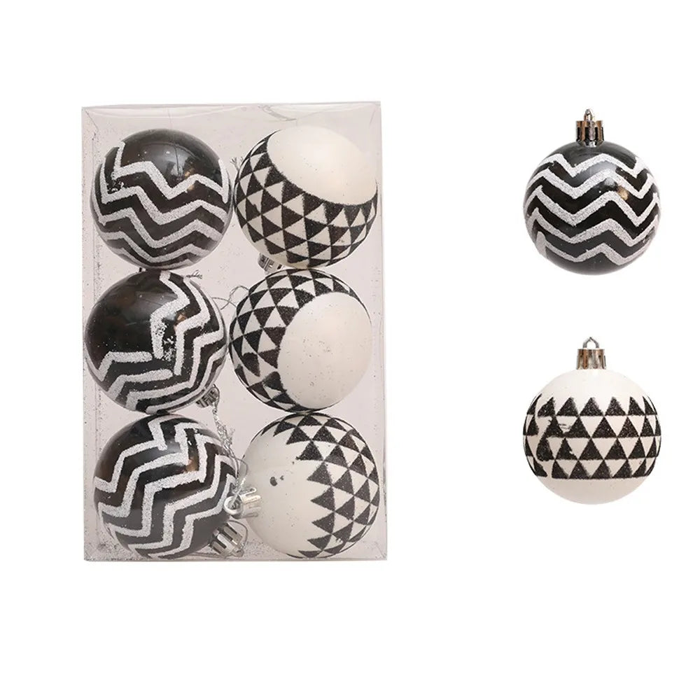 Zigzag and Triangle set of 6 black and white glitter Christmas ornaments in a clear box, 2.4 inch