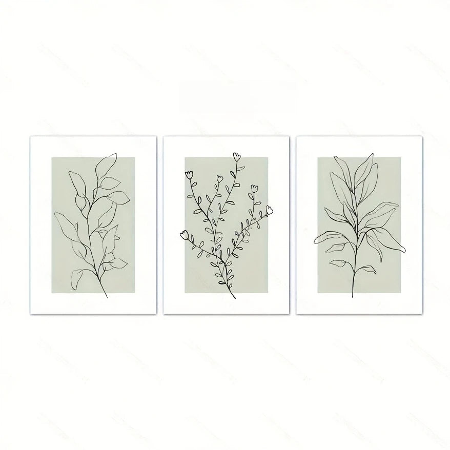 Nordic Botanical Line Art Trio — Neutral Sage Wall Prints