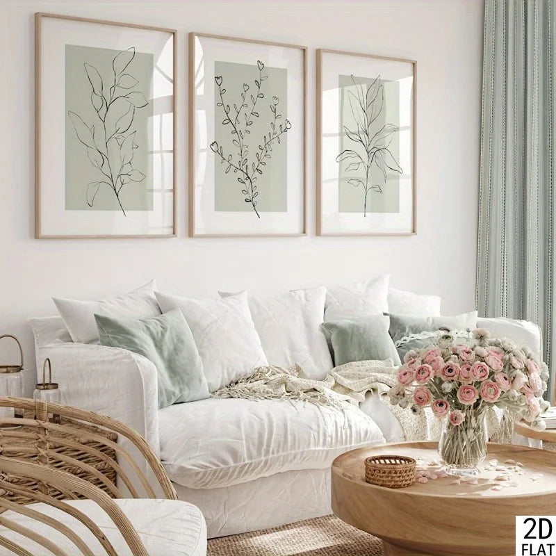 Nordic Botanical Line Art Trio — Neutral Sage Wall Prints