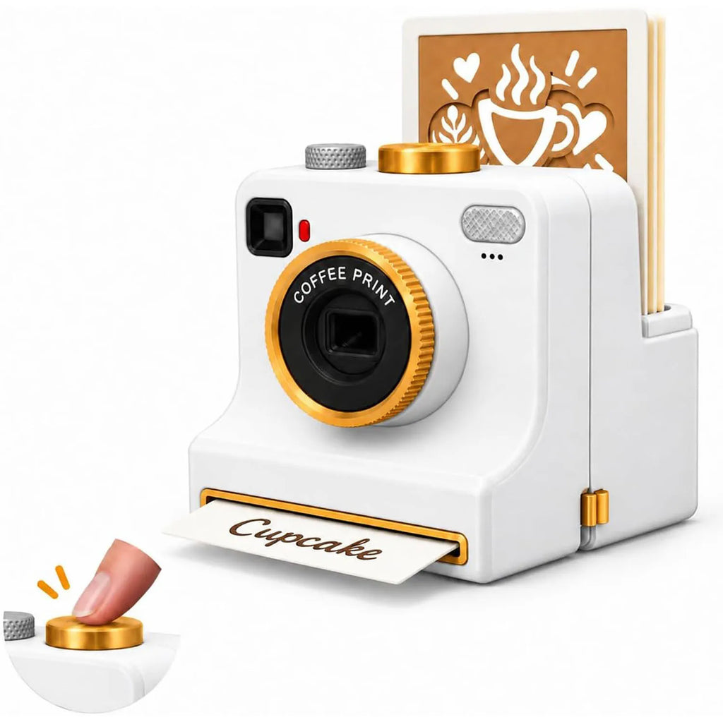 White latte art stencil camera with stencil cards stored in the back slot