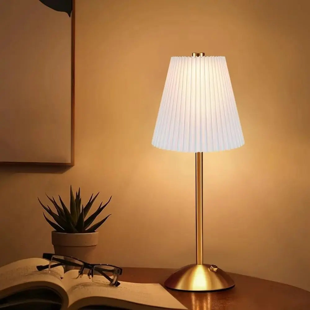 Pleated Cordless Table Lamp – Touch Dimmable LED with USB Charging