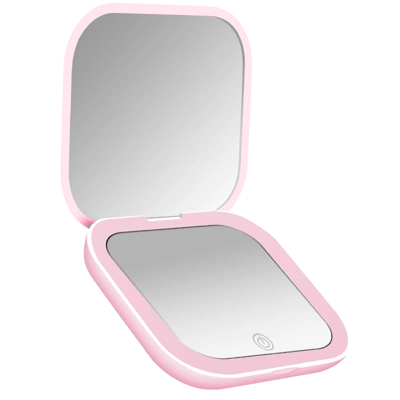Pink LED compact mirror open, showing the 1X and 2X mirror sides with LED light ring