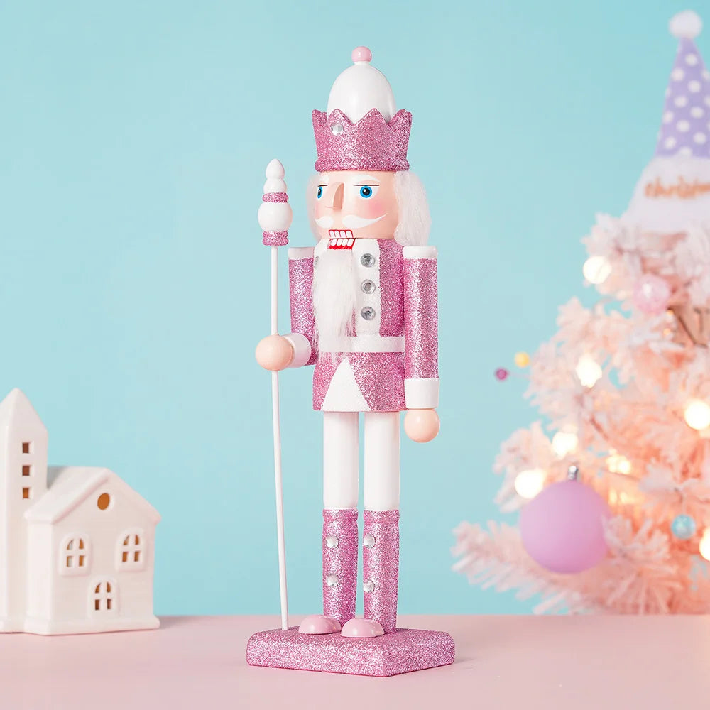 Pink and white glitter wooden nutcracker king with crown and scepter, 12 in