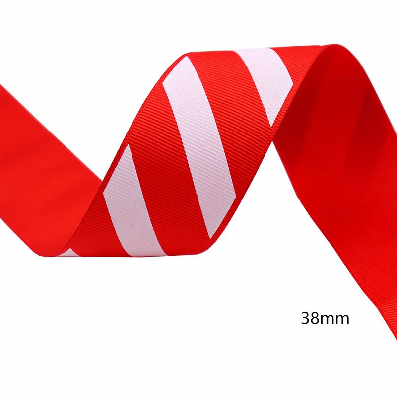 1.5 inch (38mm) red ribbon with wide white diagonal stripes