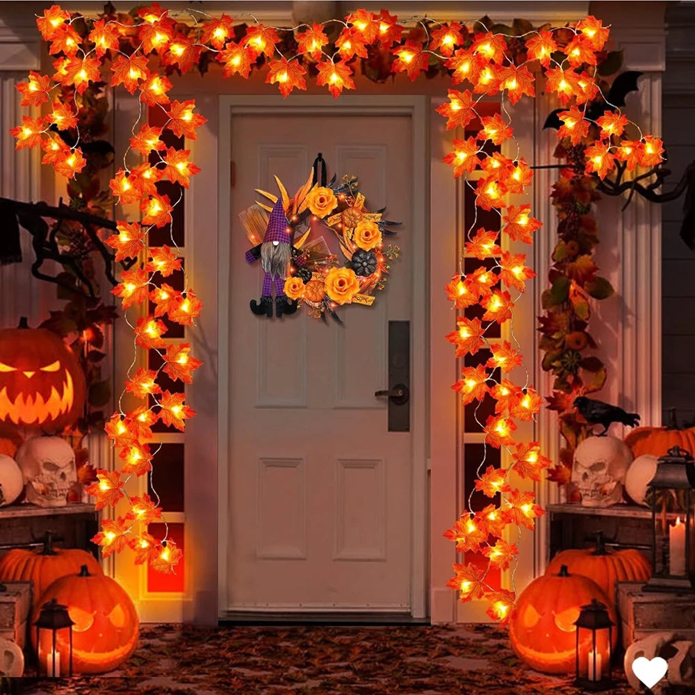 Maple Leaf LED Garland String Lights – Warm Glow Fall & Halloween Decor