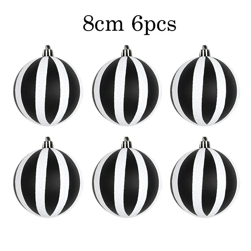 Set of 6 black and white striped Christmas ball ornaments, 3 inches each