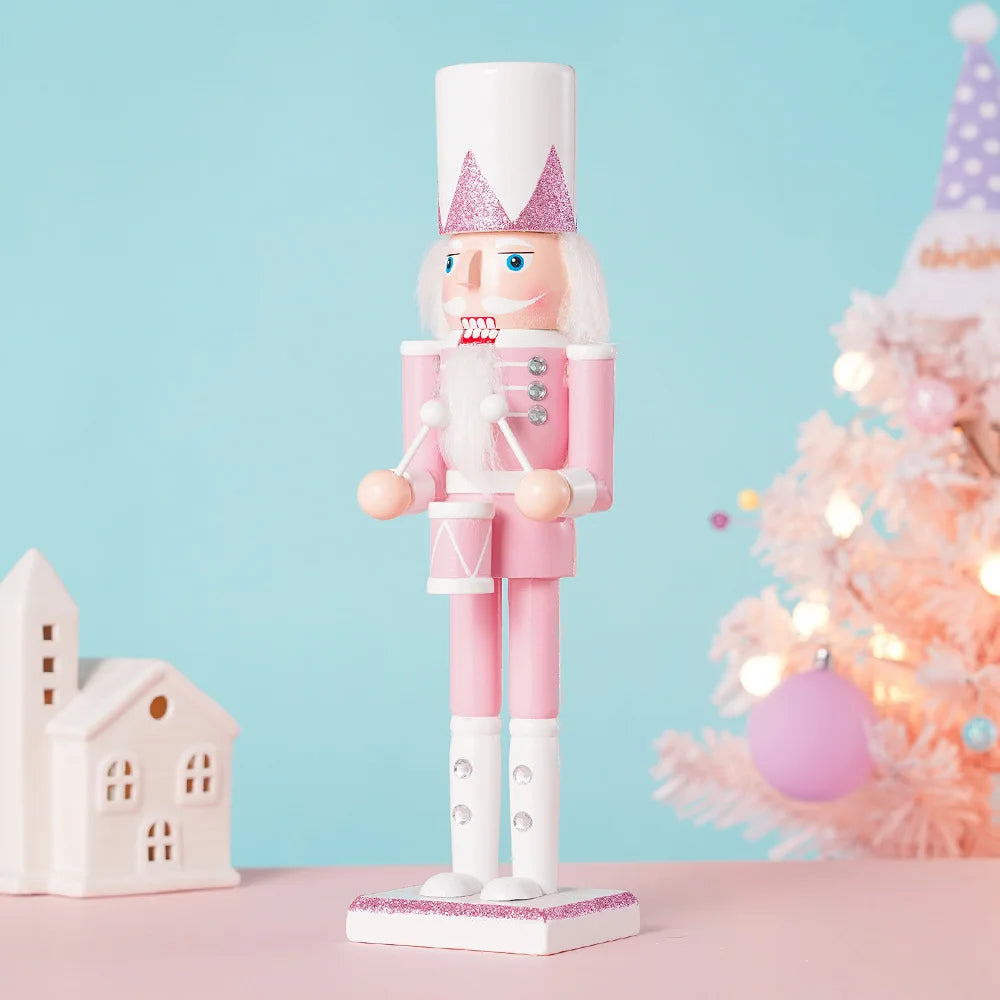 Pink and white wooden nutcracker drummer with tall hat and drum, 12 in