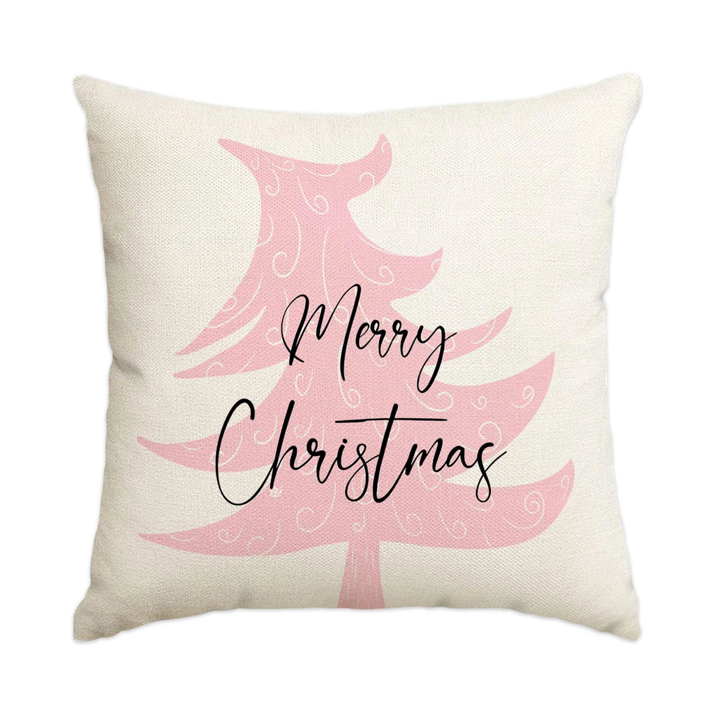 Merry Christmas pink tree pillow cover on cream, 18x18 in
