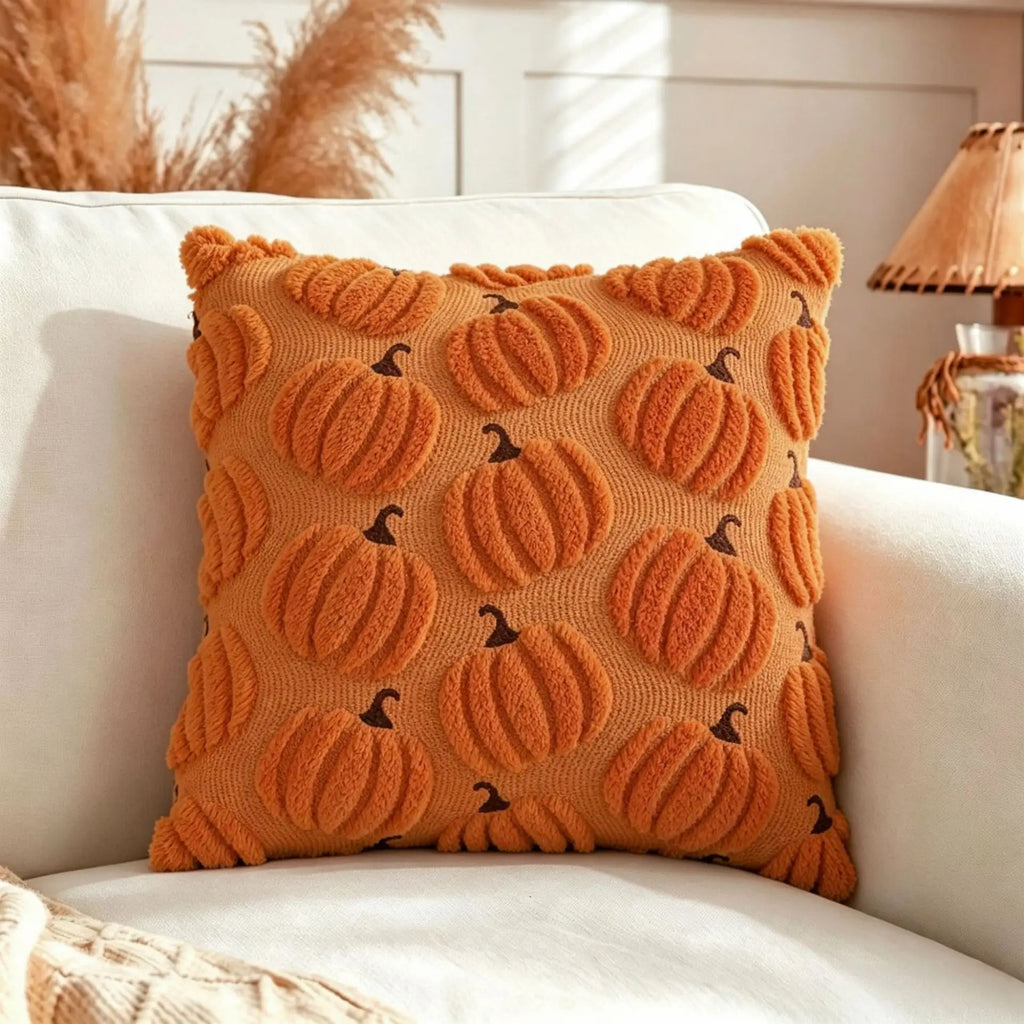 Rust red textured pumpkin pillow cover on a cream sofa
