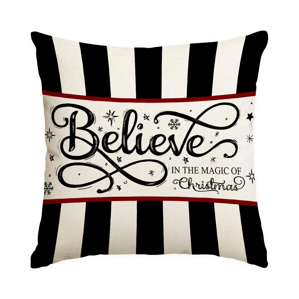 18 x 18 inch Believe in the Magic of Christmas pillow cover with black and white stripes and a cream script center band