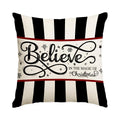 18 x 18 inch Believe in the Magic of Christmas pillow cover with black and white stripes and a cream script center band