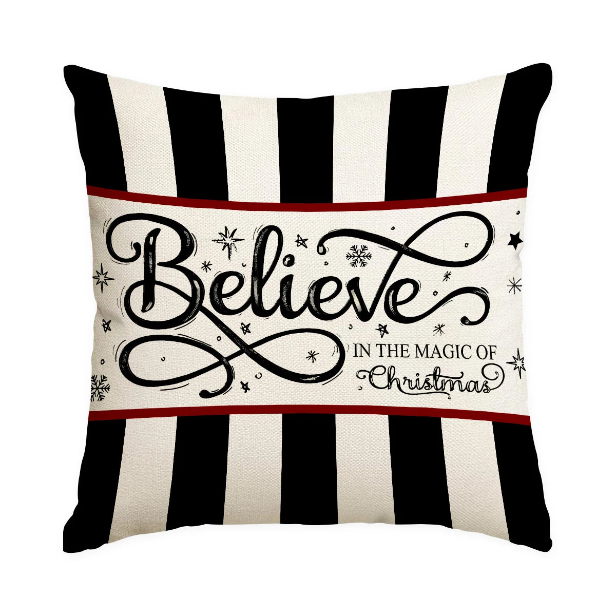 18 x 18 inch Believe in the Magic of Christmas pillow cover with black and white stripes and a cream script center band