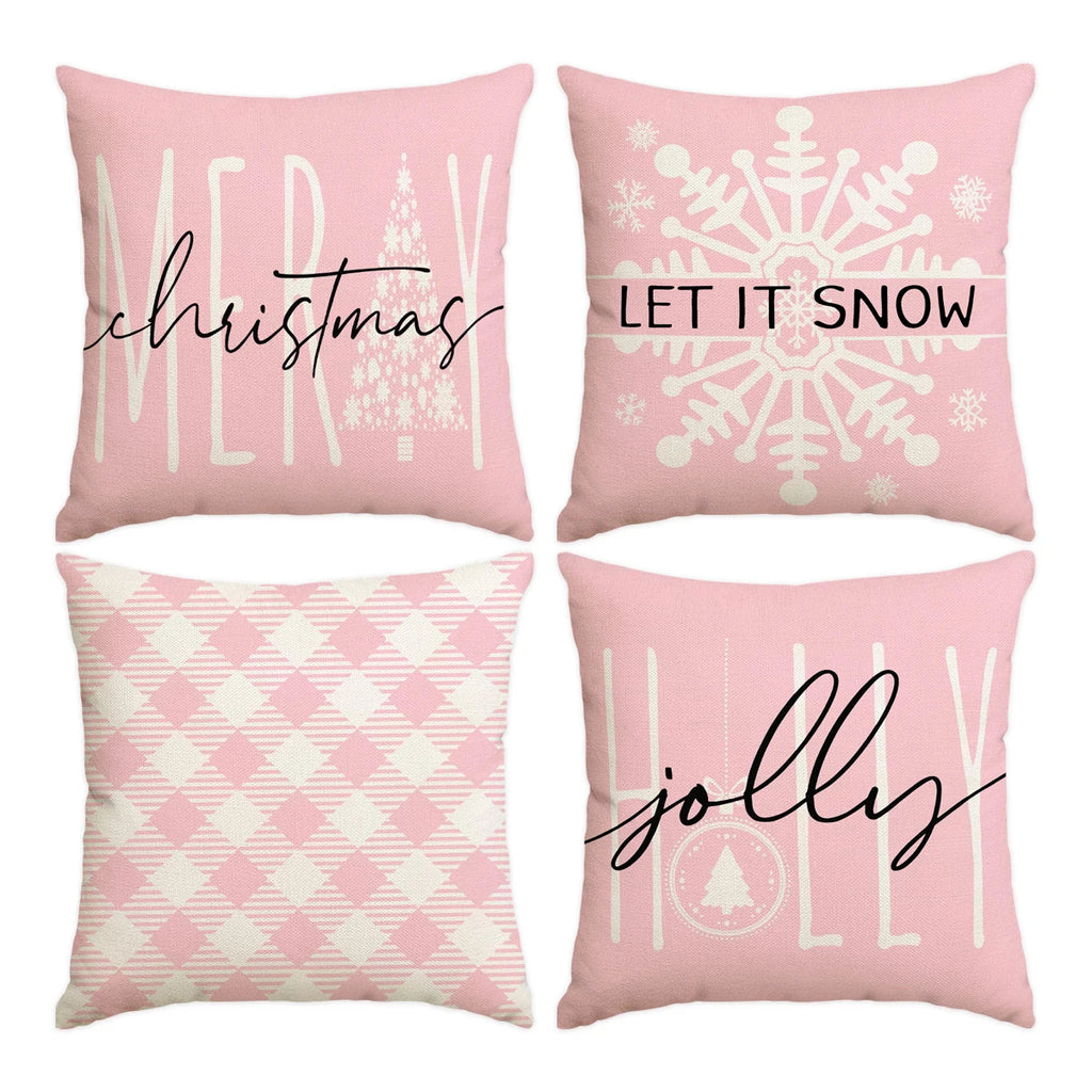Set of 4 pink Christmas pillow covers: Christmas script, Let It Snow, pink gingham and Jolly