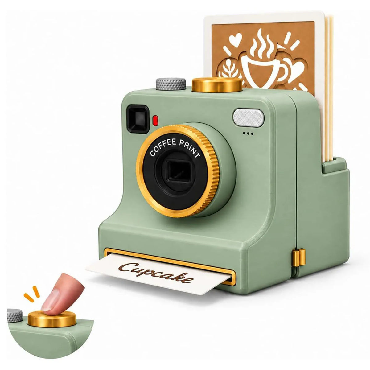 Sage green latte art stencil camera with one-touch gold button