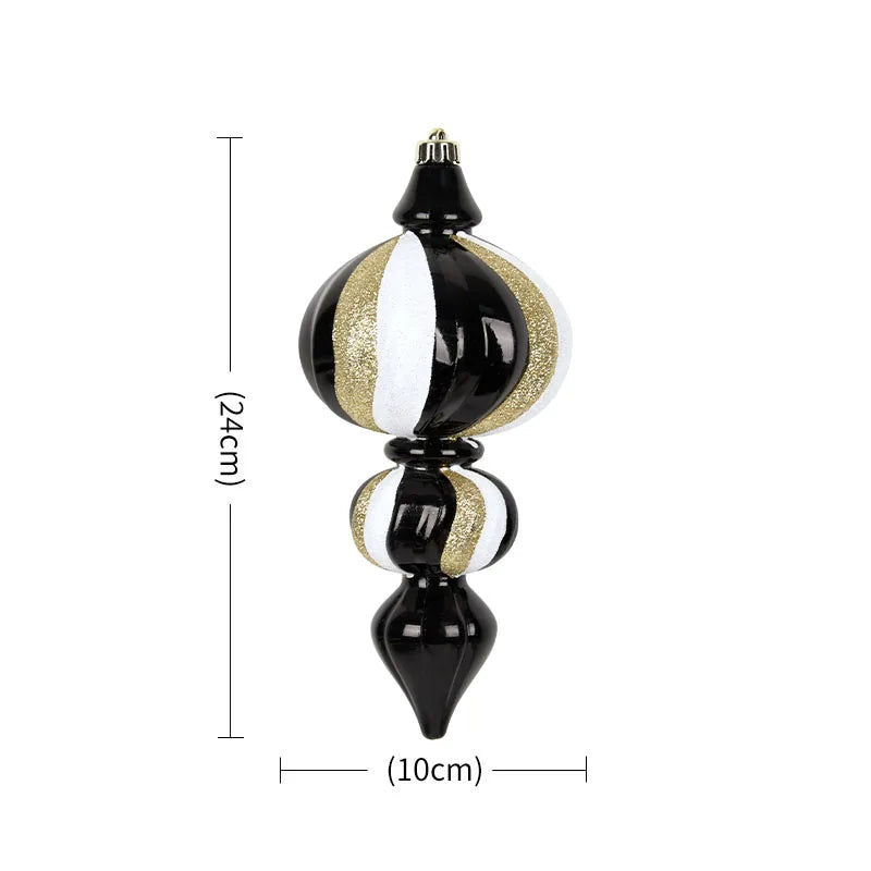 Gold Swirl finial Christmas ornament, 9.5 inches tall by 4 inches wide, glossy black with white and gold glitter swirl stripes