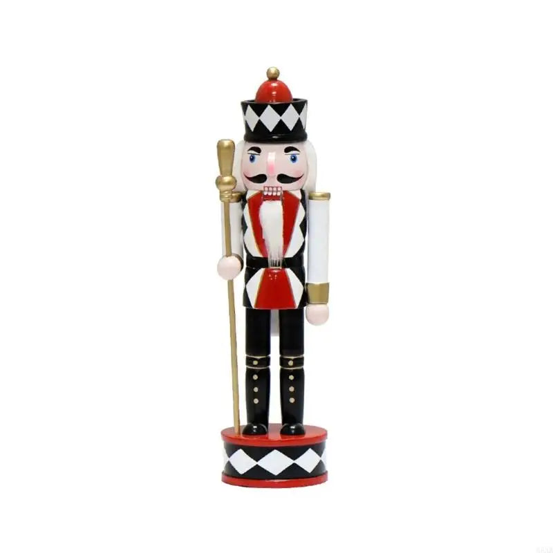 Harlequin Soldier nutcracker with black and white diamond hat and red coat, 12 in